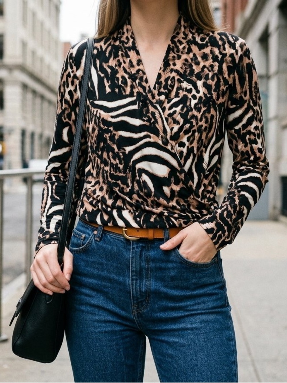 Women's Animal-Print Long Sleeve Blouse — Black & Brown